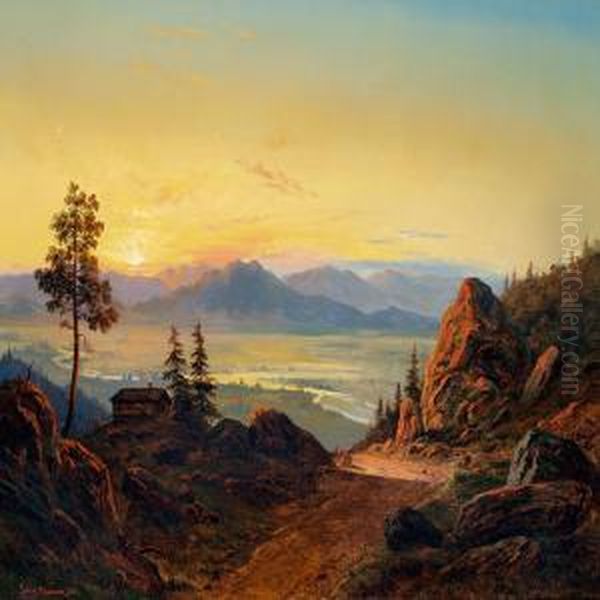 Mountainous Landscape With A Cabin In The Sunset, Sweden Oil Painting by Carl Ludvig Messmann