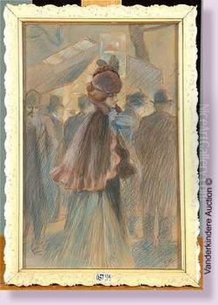 Elegante Chez Les Bouquinistes Oil Painting by Lucien Metivet