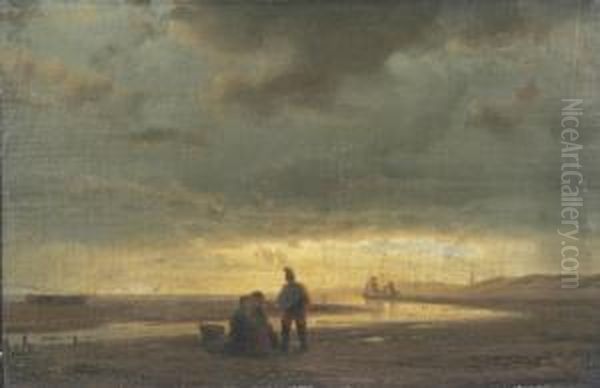 Fischerfamilie In Weiter Kustenlandschaft Oil Painting by Hermann Mevius