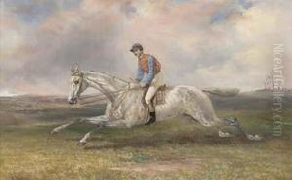 A Jockey On A Grey In Full Gallop Oil Painting by Thomas Hillier Mew