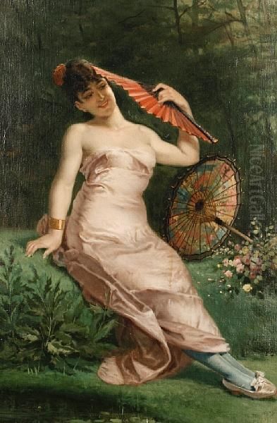 Reclining Beauty With Fan Oil Painting by E. Meyer