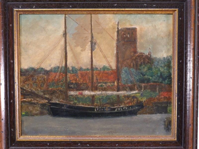 Blick Auf Den Osthafen Rostocks Und Die Ruineder Petri-kirche, Im Vordergrund Ein Fischkutter Oil Painting by Korl Meyer