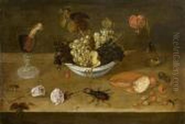 Still Life With Roses, Grapes, Cherries And Strawberries With AGlass Of Wine, Bread And Insects On A Table Top Oil Painting by Rudolph Theodor Meyer