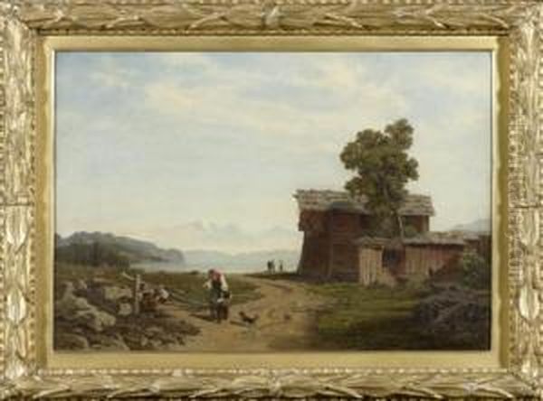 A Peasant Family In Front Of Their Farm And A Mountain Lake Oil Painting by Jost Meyer-Am Rhyn