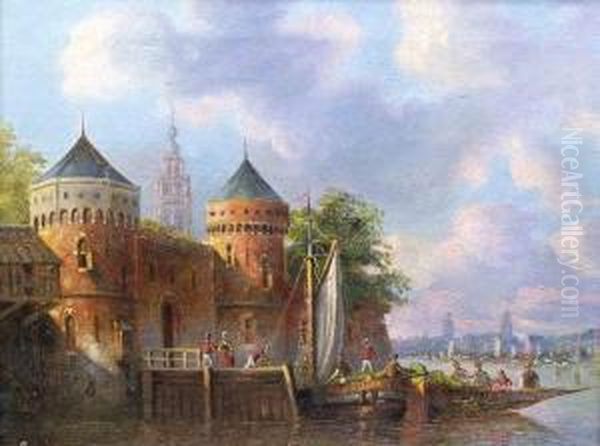 Buntes Treiben Am Ufer Eines Hafenstadtchens Oil Painting by Hermann Meyerheim