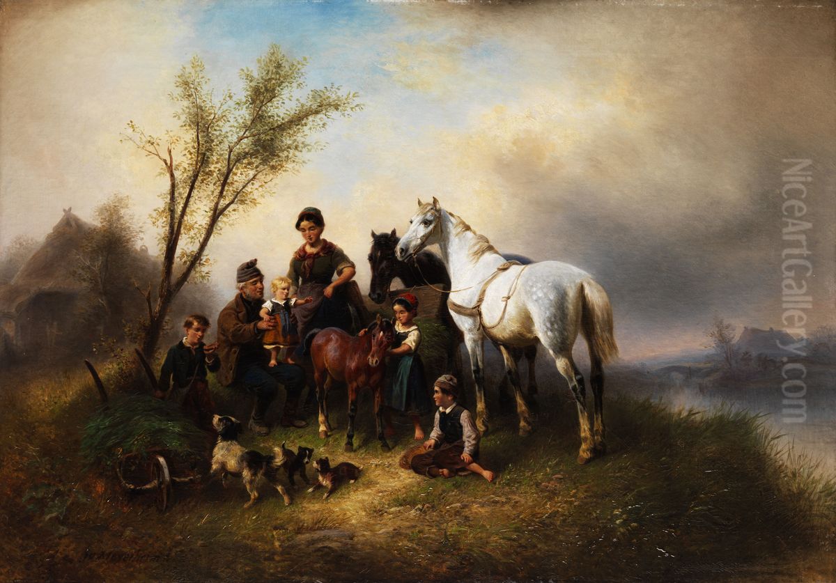 Bauerliche Familie Am Flussufer Oil Painting by Wilhelm Alexander Meyerheim