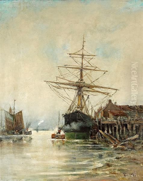 A Sailing Ship Docked At A Pier Oil Painting by P.H.G.V. Michel
