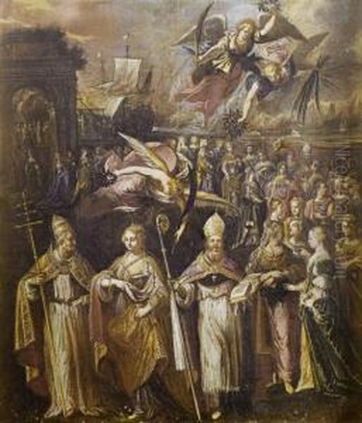 Saint Ursula With The Virgins Oil Painting by Andrea Michieli (see Vicentino)