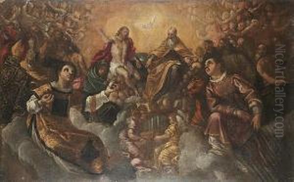 The Holy Trinity With Saints Stephen And Lawrence Oil Painting by Andrea Michieli (see Vicentino)
