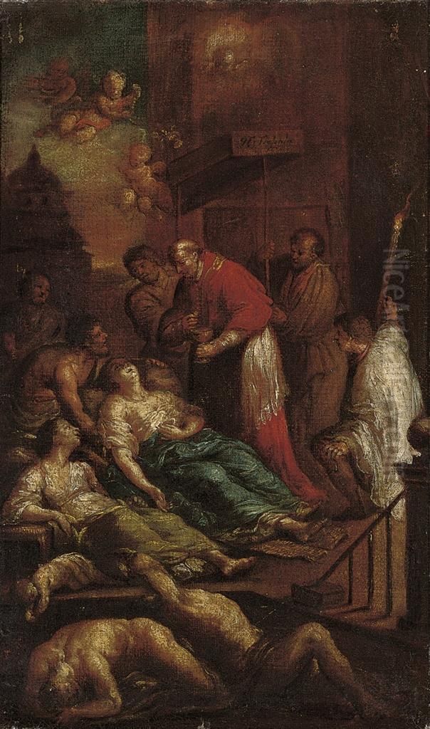Saint Carlo Borromeo Administering Extreme Unction To Victims Of The Plague Oil Painting by Andrea Michieli (see Vicentino)