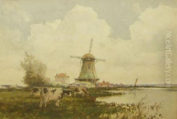 Dutch Canal Scene With Cattle Grazing In Foreground Oil Painting by James Robertson Miller