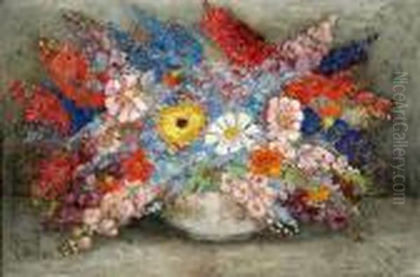 Still Life Of Summer Flowers In A Bowl Oil Painting by Malcolm Milne