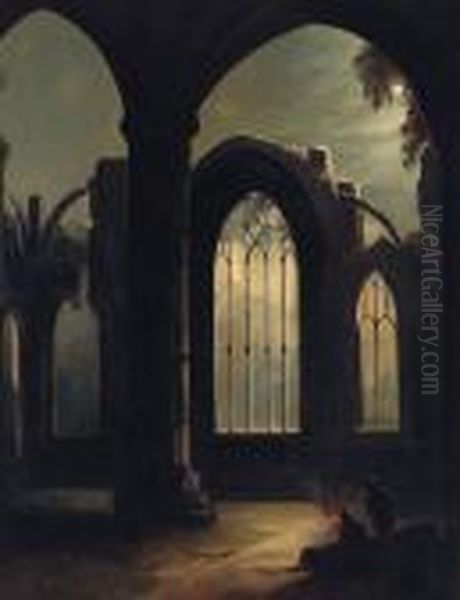 Figures By A Camp Fire In A Moonlit Ruined Abbey Oil Painting by Malcolm Milne