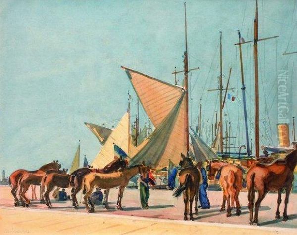 Chevaux Sur Le Port (nice ?) Oil Painting by Tony Minartz