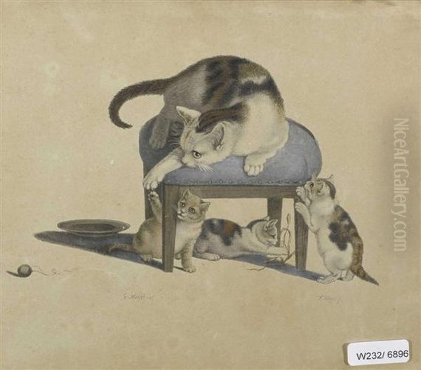 Die Katzenfamilie Mit Dem Tabouret Oil Painting by Gottfried Mind or Mindt