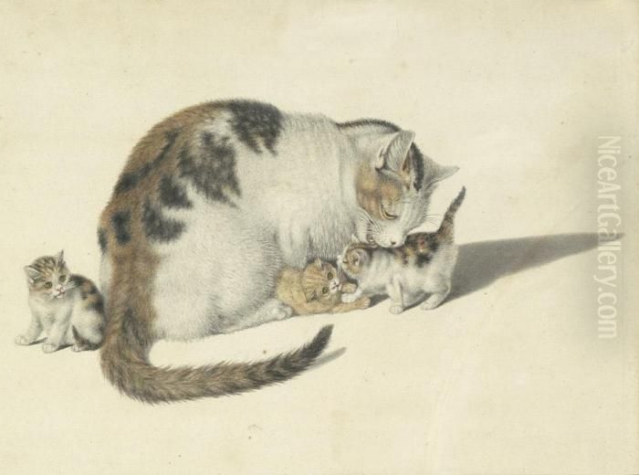 Katzenmutter Mit Drei Jungen Oil Painting by Gottfried Mind or Mindt