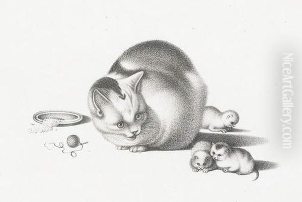 Katzenmutter Und Katzenkinder Oil Painting by Gottfried Mind or Mindt