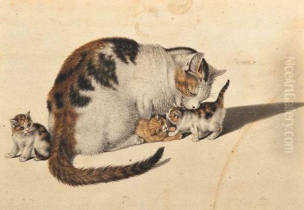 Cat And Kittens Oil Painting by Gottfried Mind or Mindt