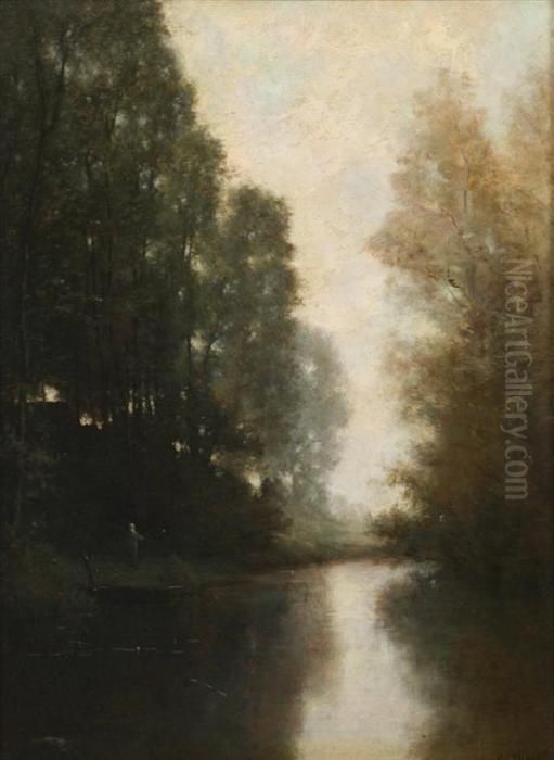 River Landscape At Dawn Oil Painting by Robert Crannell Minor Sr.