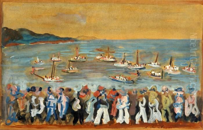 Ships At Sea Oil Painting by Abraham Mintchine