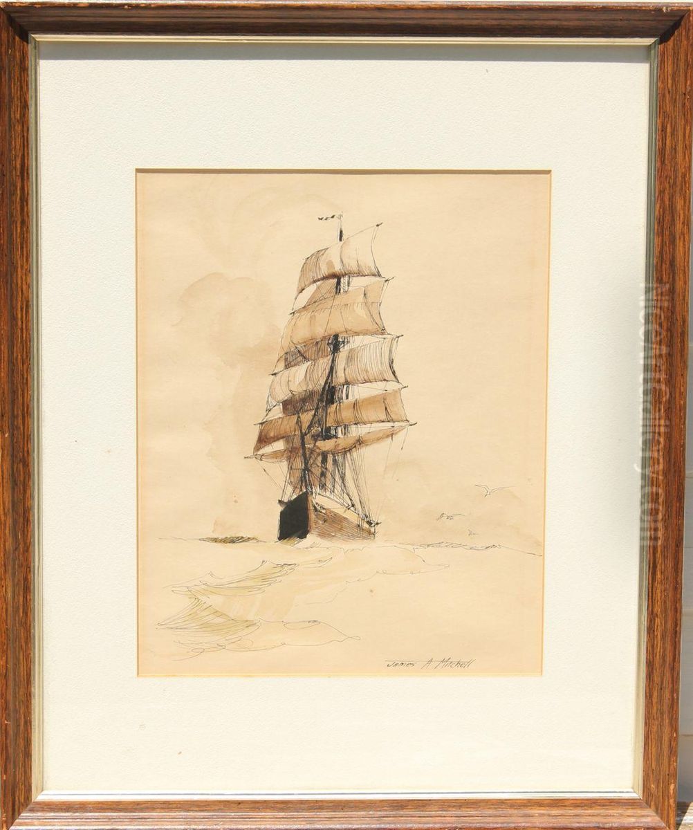 Drawing Of A Full-rigged Ship Oil Painting by James A. Mitchell