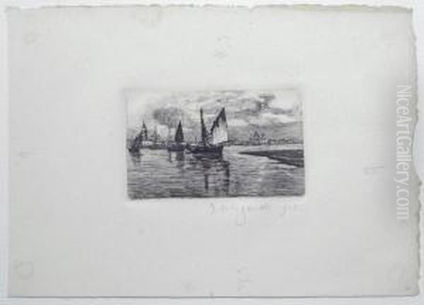 Barche In Laguna Oil Painting by Giuseppe Miti-Zanetti