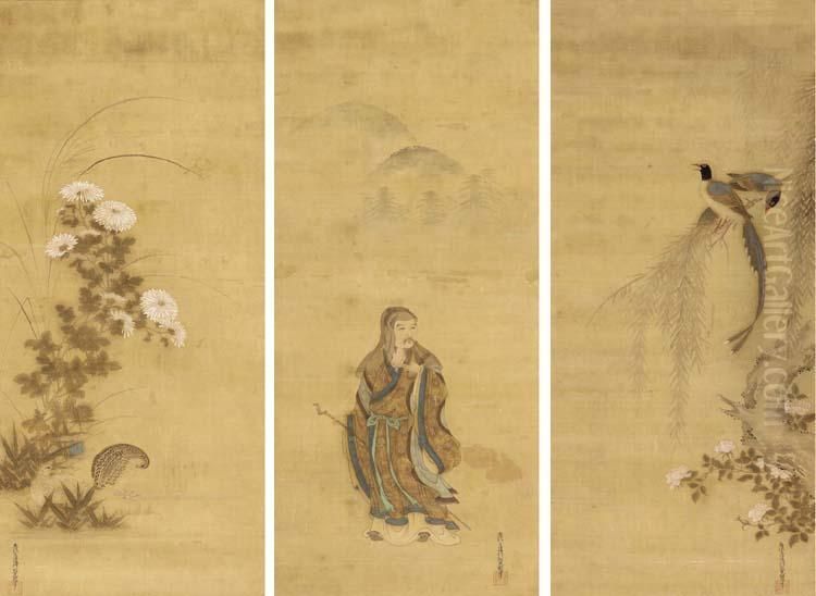The Chinese Poet Tao Yuan-ming (to No Enmei); Long-tailed Birds Onwillow; Quails And Chrysanthemums Oil Painting by Mitsuoki, Tosa