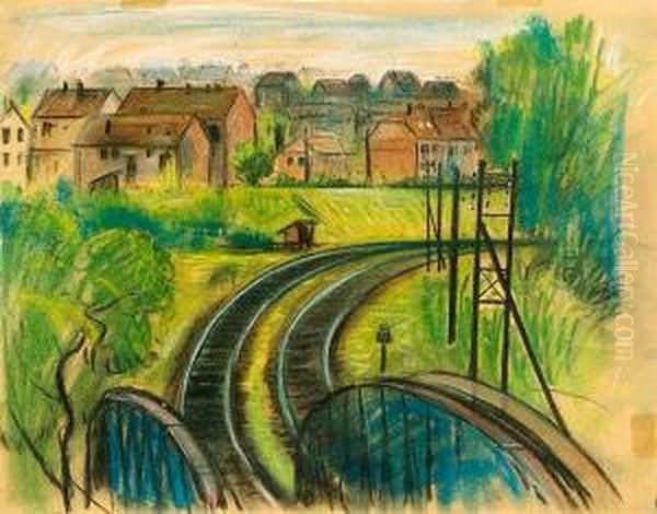 Stadtlandschaft Mit Bahngleisen. Oil Painting by Theobald Modespacher