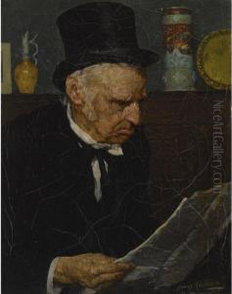 Old Man Reading Paper Oil Painting by Louis Charles Moeller