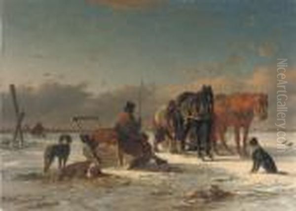 Preparing For The Horse-drawn Sleigh-ride Oil Painting by Joseph Jodocus Moerenhout