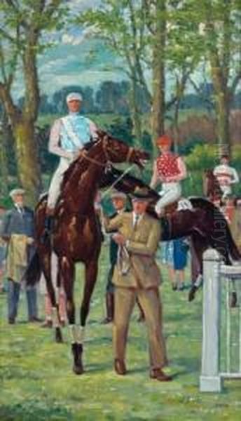 Chevaux Sortant Du Paddock Oil Painting by Gustave Moise