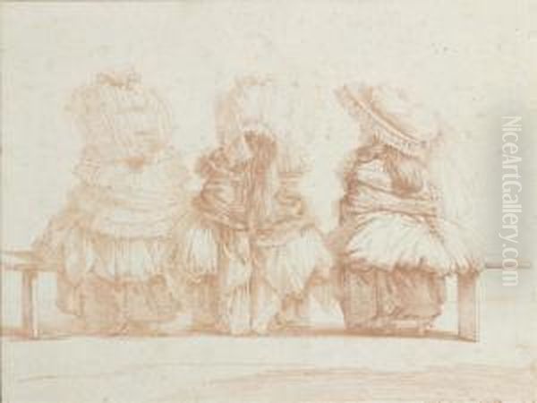Three Seated Girls Wearing Elaborate Bonnets, Seen Frombehind Oil Painting by Francois Auguste Moitte