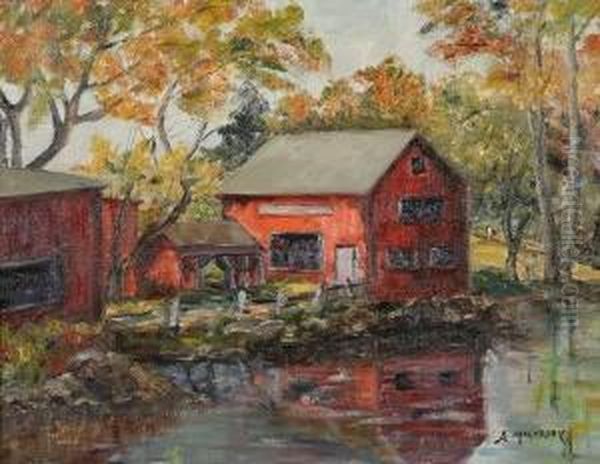 Red Buildings Near Small Pond Oil Painting by Abram Molarsky