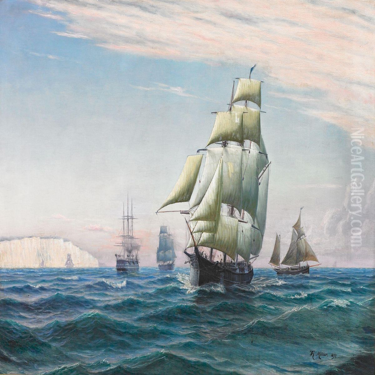 Ship Of The Line And Other Sailing Vessels Under An Evening Redsky, Possibly Off The Cliffs At Mon Oil Painting by Thorvald C. Benjamin Moller