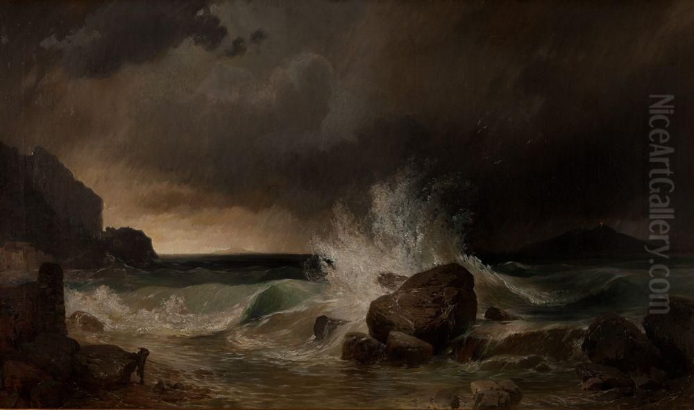 Ejszakai Vihar A Vezuvnal Oil Painting by Jozsef Molnar