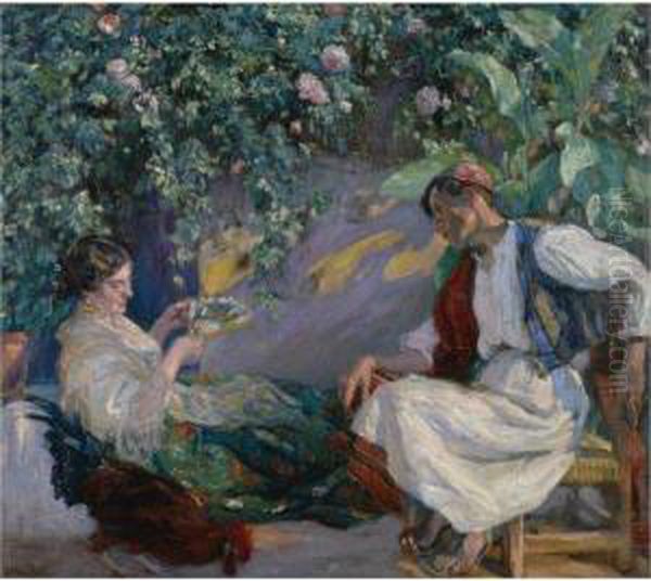 Galanteo Valenciano (valencian Scene) Oil Painting by Jose Mongrell Torrent