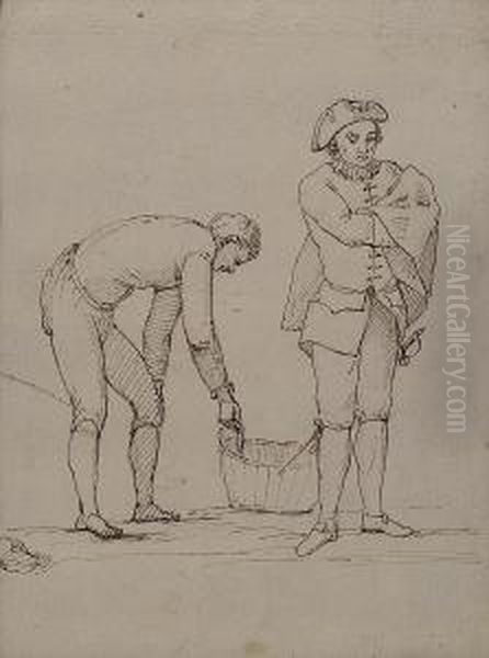 Man With Folded Arms And Another Taking Something From A Bucket Oil Painting by Charles Monnet