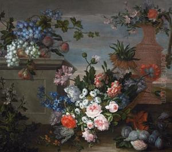 Stillleben Mit Blumen Und Fruchten Oil Painting by Antoine (Baptiste M.) Monnoyer