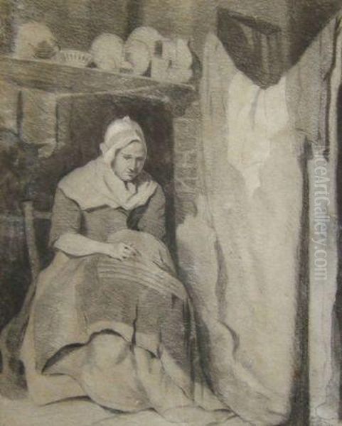 Cottage Interior With Lady Sewing Oil Painting by Alexander Monro