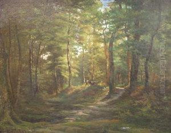 Figure With A CowIn A Woodland Glade Oil Painting by M Montalier