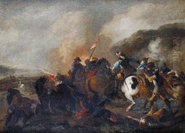 A Battle Scene With An Infantryman Lying On The Battlefield Oil Painting by Francesco Monti