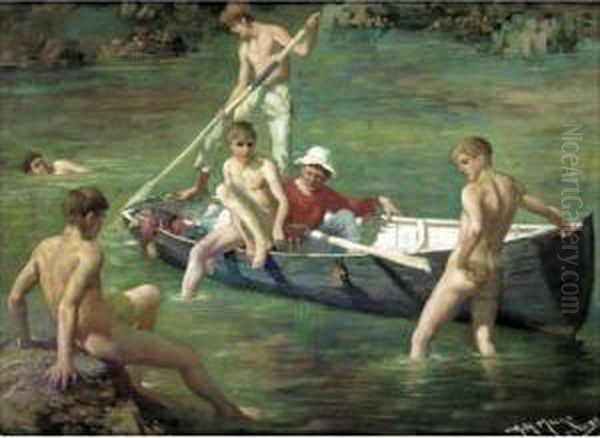 Boys Swimming, St. Ives Oil Painting by A. Harvey Moore