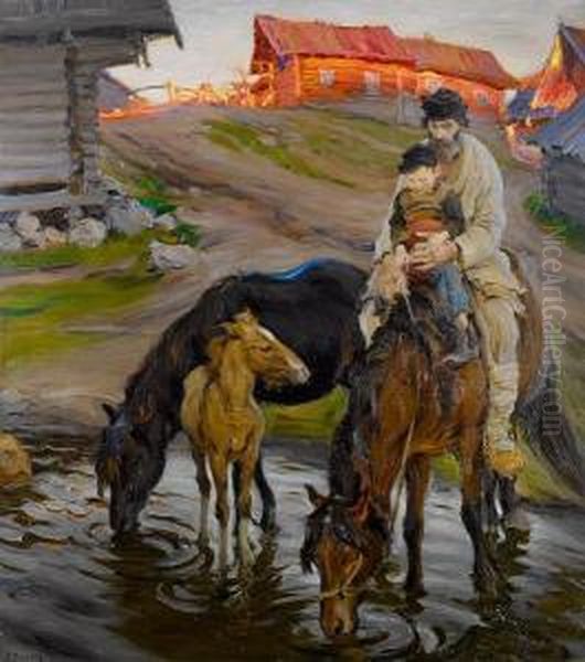 At The Watering Place Oil Painting by Alexander Victor Moravov
