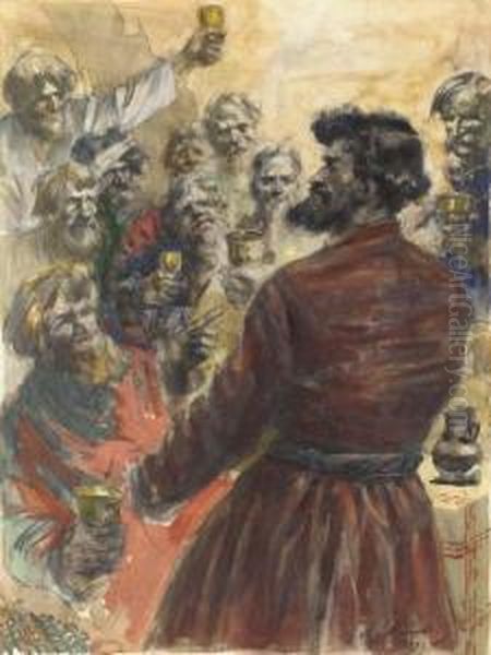 Russian Drinking Party Oil Painting by Alexander Victor Moravov