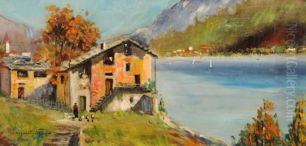 Cascina Sul Lago Oil Painting by Mario Moretti Foggia