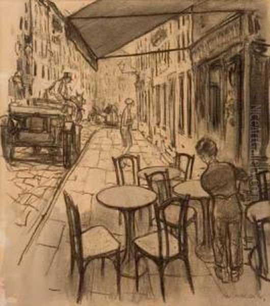 City Scene Along A Sidewalk. Oil Painting by Wallace Morgan