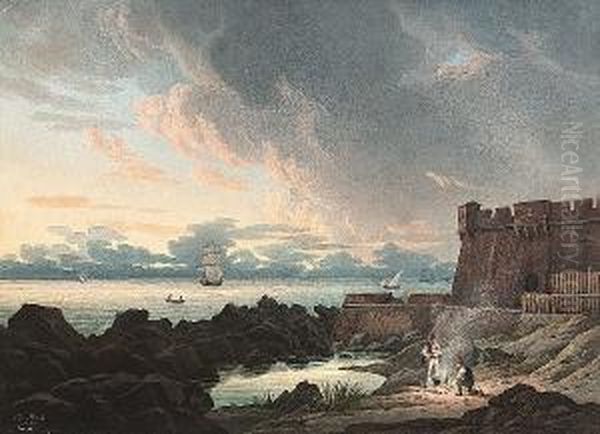 Dusk At A Fortified Harbour, Possibly Valletta Oil Painting by Friedrich Wilhelm Moritz