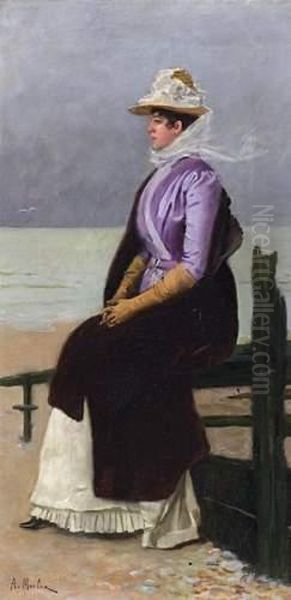 Elegant Lady, Sitting On The Beach Oil Painting by Antony Paul Emile Morlon