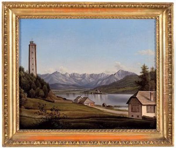 Voralpine Landschaft Mit Hausern An Einem Gewasser Oil Painting by Bertha Moro