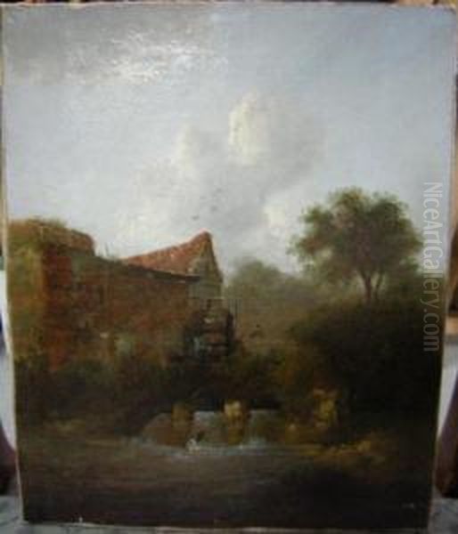 A Water Mill; And Figures On A Road Across A Heath Both Oil Painting by Charles Morris